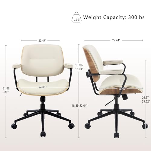 Mid Century Modern Office Chair with Armrest and Adjustable Backrest, Beige | Wooden frame with armrests & adjustable backrest, swivel & height-adjustable, PU leather seat for home office comfort - color: Beige