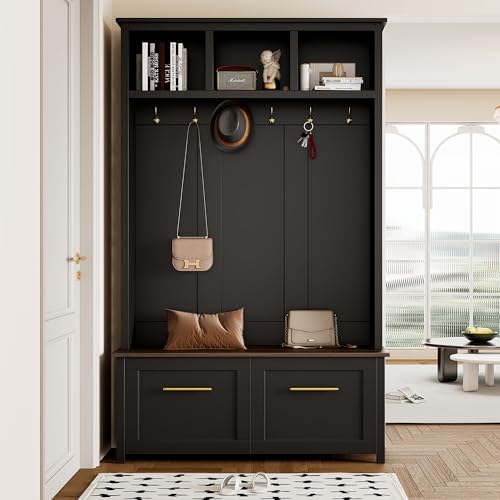 JIVOIT 4-in-1 Entryway Hall Tree with Brown Wood Grain Storage Bench, Wood Entryway Coat Hanger Hall Tree with 6 Golden Hooks, 2 Drawers, Coat Rack for Living Room, Hallway (Black/31) - color: Black/31