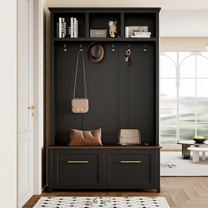 JIVOIT 4-in-1 Entryway Hall Tree with Brown Wood Grain Storage Bench, Wood Entryway Coat Hanger Hall Tree with 6 Golden Hooks, 2 Drawers, Coat Rack for Living Room, Hallway (Black/31) - color: Black/31