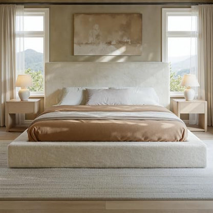 Evermagin White King Upholstered Cloud Bed Frame with Headboard | Soft Frame Cloud Bed with 2 Tray Tables, Modern Platform Cushion Bed Frame for Bedroom, No Box Spring Required Easy Assembly - size: King