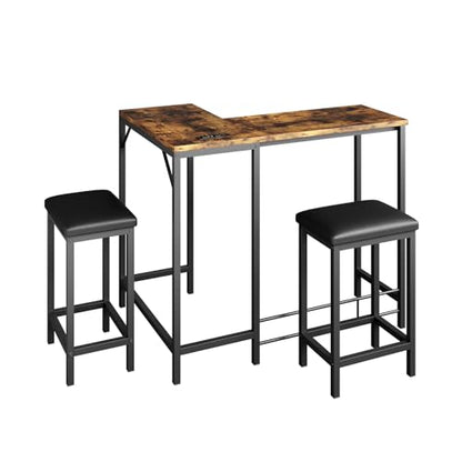 Bar Table and Chairs Set, 63'' L-Shaped Bar Table with 2 Stools, Counter Height Kitchen Table with Built-in Power Outlets, Left/Right/Straight Convertible Design, Faux Leather Upholstered Seating - color: Rustic