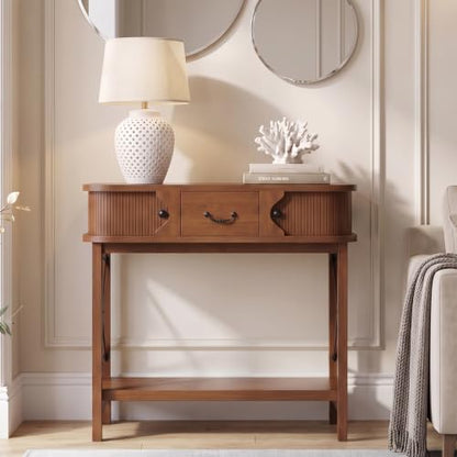 39'' Narrow Console Table, 2-Tier entryway Sofa Table，Walnut | Narrow Console Table with Drawer & Cabinets; Sturdy X-Frame, Slim Wood for Entryway, Hallway, Living Room & Behind Couch - color: Walnut