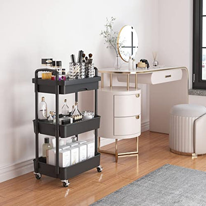 Calmootey 3-Tier Rolling Utility Cart with Drawer,Multifunctional Storage Organizer with Plastic Shelf & Metal Wheels,Storage Cart for Kitchen,Bathroom,Living Room,Office,Black | Space-Saving Organizer, Sturdy Plastic Shelves, Smooth-Rolling Metal Wheels,
