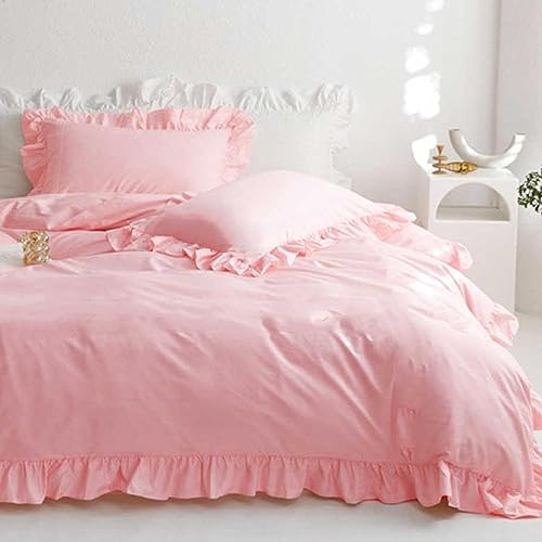 Faincy Pink Ruffle Duvet Cover Full Size, Ruffled Soft Microfiber Comforter Covers Set with Zipper - 3PC 80 X 90 Lightweight, Farmhouse Bedding Vintage Shabby Chic Rustic Bedroom Style for Women Men - color: Pink Ruffle (Only Cover), size: Full