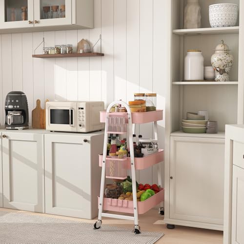 Sekey 3 Tier Rolling Cart, Hanging Cups, Hooks, Heavy Duty Mesh Rolling Storage Cart Organizer with 2 Lockable Wheels for Bathroom, Kitchen, Office, Craft, Makeup, Baby Essentials, Pink - color: Pink