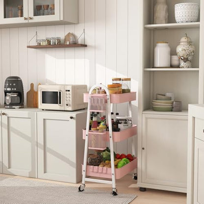 Sekey 3 Tier Rolling Cart, Hanging Cups, Hooks, Heavy Duty Mesh Rolling Storage Cart Organizer with 2 Lockable Wheels for Bathroom, Kitchen, Office, Craft, Makeup, Baby Essentials, Pink - color: Pink