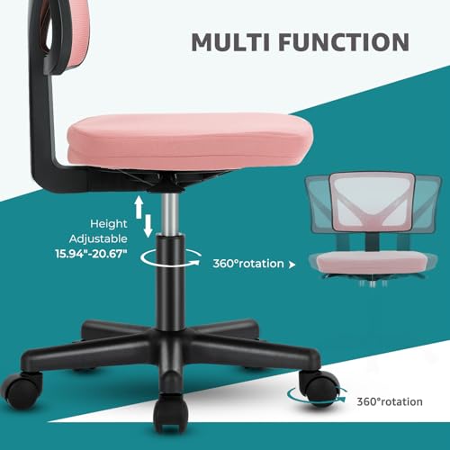 OLIXIS Armless Home Office Chair, Ergonomic Small Desk Chair | Mesh Back, Removable Washable Foam Cushion, Height Adjustable, Rolling Swivel Wheels, Small Space, Pink - color: Pink