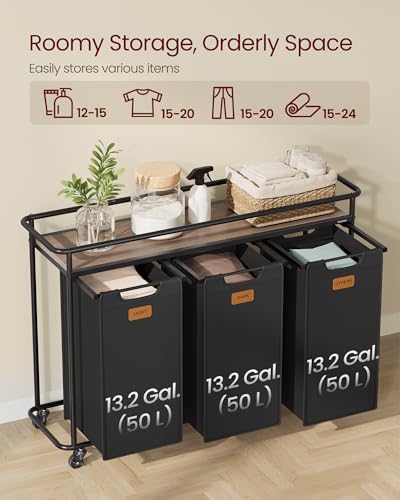 VASAGLE Laundry Sorter, Laundry Hamper with Wheels, 39.6 Gal. (150 L) Portable Rolling Cart Baskets with Shelf, 3 Removable Liners and 6 Labels, Ink Black and Chestnut Brown UBLH103BH01 - size: 3 Bags