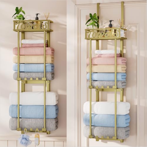 HapiRm Towel Rack Bathroom Storage - 3 Tier Over The Door & Wall Mounted Rolled Towel Racks Holder Organizer with Metal Shelf and 6 Hooks for Small Bathroom, Camper, Rv - Gold - color: Gold