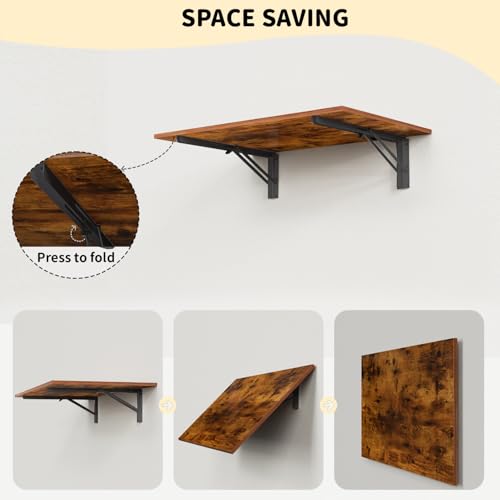 GOYLSER Wall Mounted Folding Table Floating Desk for Small Spaces, Fold Down Laundry Wall Table with Brackets - color: Rustic Brown, size: 25"x15.7"