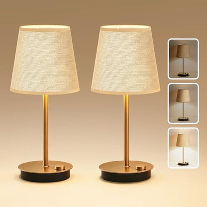 Rechargeable Cordless Table Lamp with Fabric Shade, 2 Pack, Brass | 3600mAh Battery Operated Table Lamp, 2700K Warm Light, Stepless Dimming, for Bedroom, Dining Room, Living Room