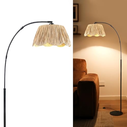 Boho Rattan Floor Lamps for Living Room,Arc Floor Lamp with Hand Woven Shade,70'' Tall Lamp with Black Metal Stand,Foot Switch,Farmhouse Standing Lamp for Bedroom,Over Couch Reading Light,Nursery