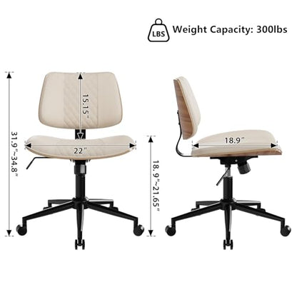 Modern Armless Office Chair with Wheels, Wide Seat Walnut, Beige | Adjustable Swivel Desk Chair with Mid Back & Tilt Function, Faux PU Leather Mid Century Modern Task Office Chair, 300LBS Cap - color: Beige, size: MCM Style Wide Seat