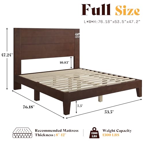 AMERLIFE Full Size Solid Wood Bed Frame with 48" Headboard Design, Walnut | Solid Wood Platform, 48" Headboard, Mid Century Style, Silent Wood Slats, Walnut Finish - color: Walnut, size: Full