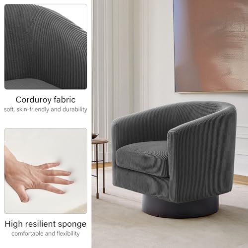 Swivel Barrel Accent Chair, Comfy Reading Armchair, Charcoal, Set of 1 | Club Chairs for Adults, Low-Back Design, Modern Round Style, Solid Wood Frame & Metal Swivel Base, For Living Room & Bedroom - color: Charcoal