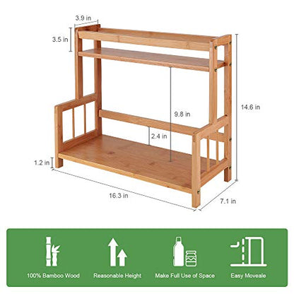 Kitchen Spice Shelf Rack Countertop Bamboo Wood Seasoning Holder Organizer | 2 Tiered Small Tabletop Organizer Shelf for Coffee Station,Codiment,Matcha,Mug,Tea,Jars Holder