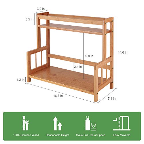 Kitchen Spice Shelf Rack Countertop Bamboo Wood Seasoning Holder Organizer | 2 Tiered Small Tabletop Organizer Shelf for Coffee Station,Codiment,Matcha,Mug,Tea,Jars Holder