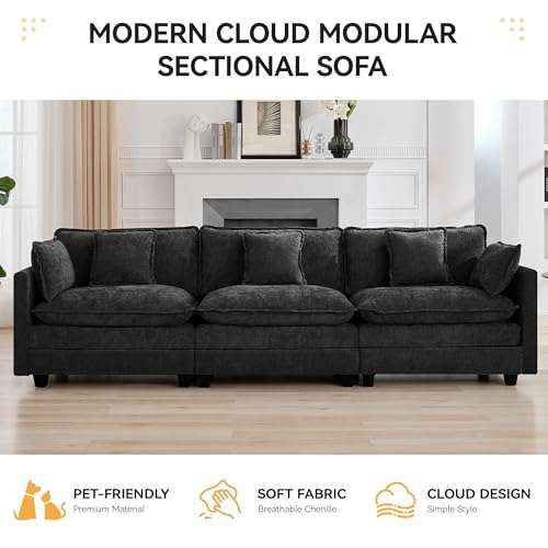 111'' Sectional Cloud Deep Seat Couch, Modern Comfy Chenille Modular Sectional Sofa for Living Room Set, Upholstered Modular 3-Seats Sofa Couch, Dark Grey - color: Dark Grey, size: 111'' 3 Seats