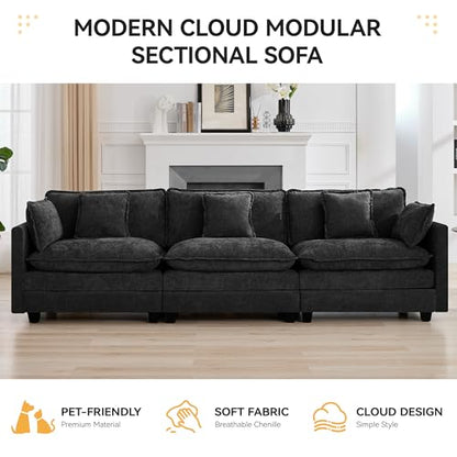 111'' Sectional Cloud Deep Seat Couch, Modern Comfy Chenille Modular Sectional Sofa for Living Room Set, Upholstered Modular 3-Seats Sofa Couch, Dark Grey - color: Dark Grey, size: 111'' 3 Seats