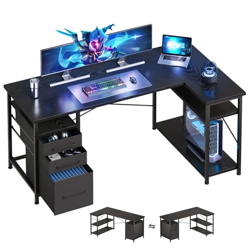 L Shaped Desk with Drawers, Office Desk with Storage Shelves, Black | 55in Desktop, Sturdy Metal Frame, Adjustable Pads, Corner Desk, Computer & Writing Desk, Compact Gaming Workstation - color: Black, size: 55Inches