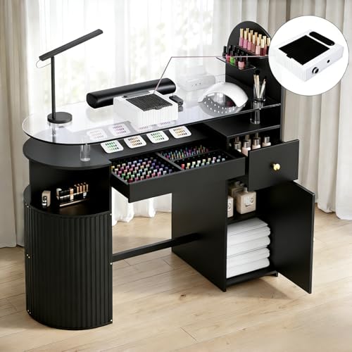 Manicure Table with Dust Collector, Professional Nail Tech Desk with Tempered Glass Top, Storage Cabinet & Drawer, Acetone Resistant, for Nail Beauty Salon Workstation(Black) - color: Black, size: with dust collector