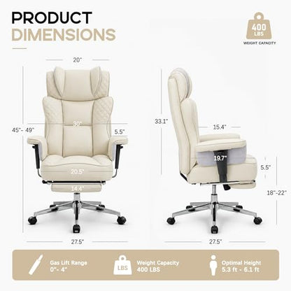 Office Desk Chair, High-Back Big and Tall Leather Chair with Footrest | Ergonomic Reclining Computer Chairs, Comfy Executive Wide Chair with Lumbar Support, Adjustable Armrests, 400LBS (Beige) - color: Beige