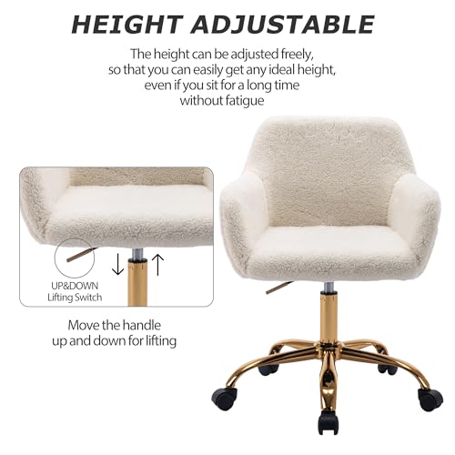 Faux Fur Office Desk Chair, Comfy Swivel Armchair with Wheels, Upholstered Fuzzy Vanity Chair, Adjustable Height, White | Fluffy Swivel Modern Armchair Upholstered Fuzzy Height Adjustable for Teens Women Girls Elegant for Living Room Bedroom - color: Whit