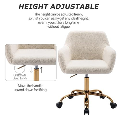 Faux Fur Office Desk Chair, Comfy Swivel Armchair with Wheels, Upholstered Fuzzy Vanity Chair, Adjustable Height, White | Fluffy Swivel Modern Armchair Upholstered Fuzzy Height Adjustable for Teens Women Girls Elegant for Living Room Bedroom - color: Whit