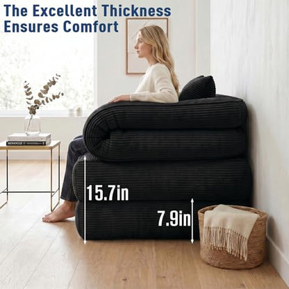 Folding Sofa Bed, Convertible Sleeper Chair with Armrests for Adults, Foldable Corduroy Boneless Bed, 3-in-1 Portable Futon Couch Floor Sofa with Pillow for Bedroom, Living Room, Black