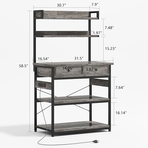 Mexin Baker's Rack with Power Outlet, 5-Tier Kitchen Storage Shelf with 2 Drawers, Industrial Microwave Stand Coffee Bar Station, 58.5" Heavy Duty Utility Rack for Spice Pots and Pans, Gray Oak - color: Gray Oak