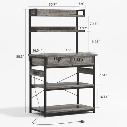Mexin Baker's Rack with Power Outlet, 5-Tier Kitchen Storage Shelf with 2 Drawers, Industrial Microwave Stand Coffee Bar Station, 58.5" Heavy Duty Utility Rack for Spice Pots and Pans, Gray Oak - color: Gray Oak