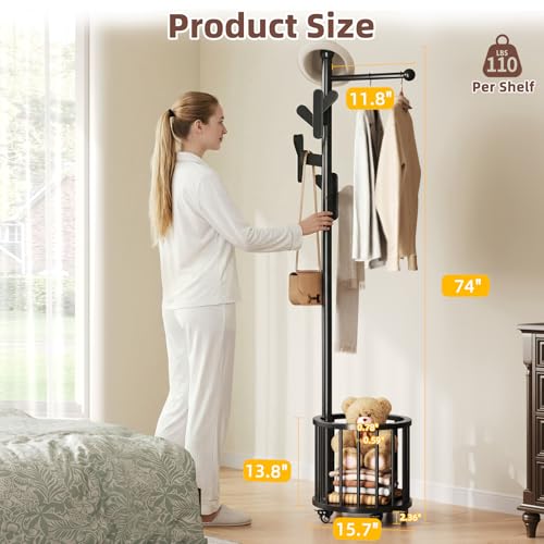 CozyDH Wooden Coat Rack Stand with Umbrella Holder and Wheels, Freestanding Hall Tree Coat Hanger with Multi Hooks, Heavy Duty Coat Tree for Entryway Bedroom Hallway Office，Black - color: Black, size: Round-15.7D×15.7W×72.8H