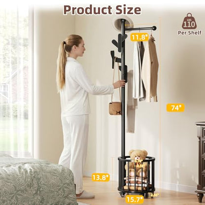 CozyDH Wooden Coat Rack Stand with Umbrella Holder and Wheels, Freestanding Hall Tree Coat Hanger with Multi Hooks, Heavy Duty Coat Tree for Entryway Bedroom Hallway Office，Black - color: Black, size: Round-15.7D×15.7W×72.8H
