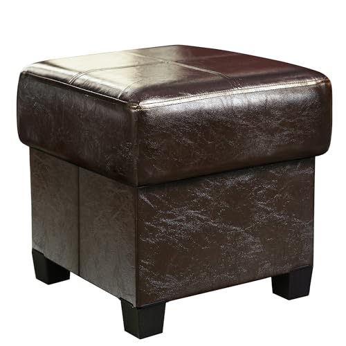 GLAXYFUR Square Storage Ottoman, Cube Ottoman with Legs, Leather Foot Stool | Footrest, PU Leather Ottoman with Storage, Upholstered Folding Bench for Living Room, Bedroom, Brown - color: 15.7" Brown