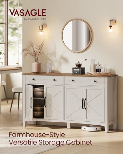 VASAGLE LIRY Collection - Buffet Cabinet, Coffee Bar Cabinet with 2 Drawers, Adjustable Shelves, Sideboard Storage with Cable Holes, Drawer Dividers, Rustic White and Honey Brown UBBK381WJ01S