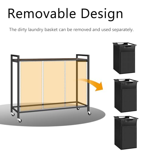 Laundry Hamper with Shelf, Laundry Basket with 3 Pull-Out Removable Bags, 3x 10.6 Gallons(120L), Metal Frame, Lockable Wheels, for Laundry Room and Bedroom - color: Black and Rust (3 Bags 120L)