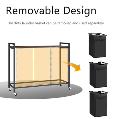 Laundry Hamper with Shelf, Laundry Basket with 3 Pull-Out Removable Bags, 3x 10.6 Gallons(120L), Metal Frame, Lockable Wheels, for Laundry Room and Bedroom - color: Black and Rust (3 Bags 120L)
