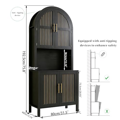76" Tall Arched Kitchen Pantry, Large Kitchen Storage Cabinet with Fluted Doors and Microwave Stand, Modern Wood Buffet Sideboard, Adjustable Shelves, Cupboard for Dining Room, Living Room, Black - color: Black