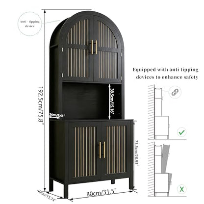 76" Tall Arched Kitchen Pantry, Large Kitchen Storage Cabinet with Fluted Doors and Microwave Stand, Modern Wood Buffet Sideboard, Adjustable Shelves, Cupboard for Dining Room, Living Room, Black - color: Black