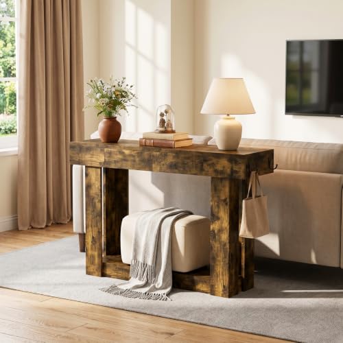 47'' Console Table with 2 Drawers and Open Storage, Entryway Table with Socket, LED Light and Hooks, Narrow Long Wood Sofa Table Behind Couch Table for Living Room, Hallway, Foyer, Brown - size: 47'' IN