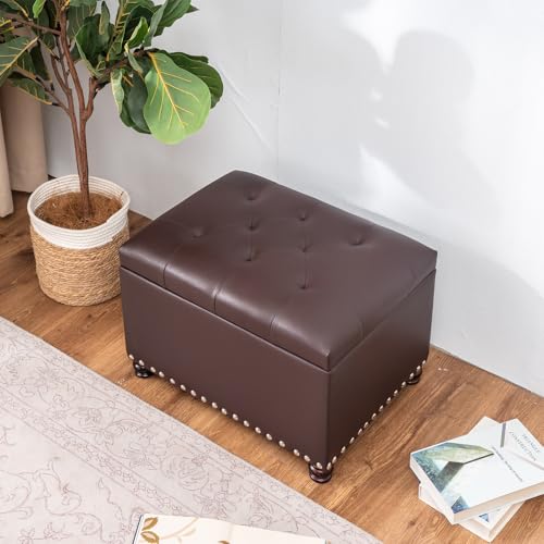 Faux Leather Storage Ottoman Bench Rectangle 24 Inch Foot Rest Ottomans (Brown) - color: Brown