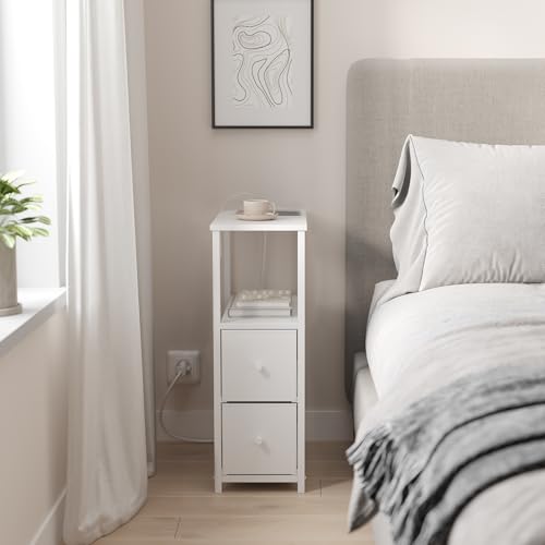 TUTOTAK Narrow End Table with Charging Station, Skinny Side Table | Bedside Table with Outlets, Nightstand with 2 Cloth Drawers, Couch Table for Living Room, Bedroom, White TB01BW055 - color: White, style: 2 Drawers & Plug