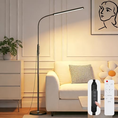 Bright LED Eye-Protecting Reading Floor Lamps Touch and Remote Dimming 3000-6000k, Tattoo Craft Drawing Makeup Adjustable Gooseneck Standing Light,Living Room Chair Sofa Bedroom Office - color: New Black