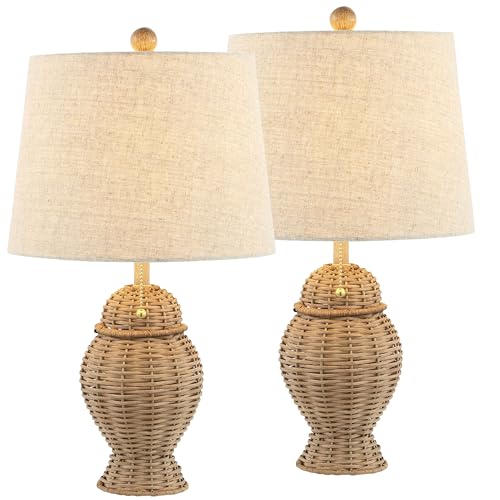 JONATHAN Y 20.5" Wicker Table Lamp, Natural with Beige Shade, Set of 2 | Margie Bohemian Rustic Farmhouse Coastal Urn Rattan Metal, Pull Chain Switch, Linen, LED Bulbs Included - color: Natural
