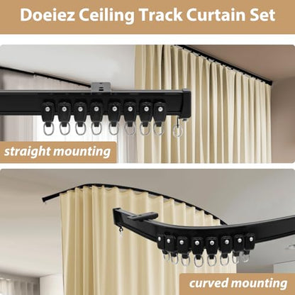 Room Divider Blackout Curtains Flexible Sliding Tracks Sets Ceiling Mounted Rod Window Curtain Privacy Separation for Bedroom Living Rooms,1 Panel Beige Drape and Black Track Set-W144xH84 in - color: Beige, size: 144"W x 84"L (Pack of 1)