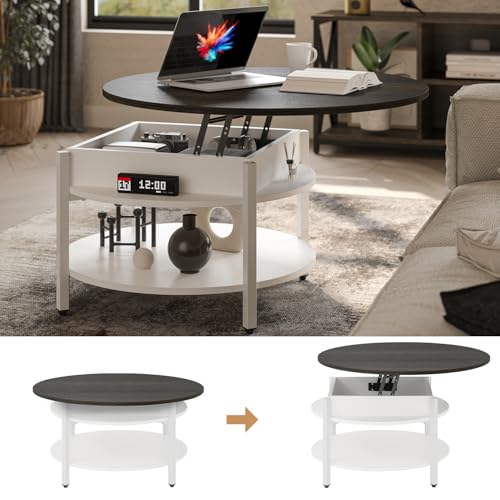 FABATO 26.77” Round Lift Top Coffee Table with Storage, White | Farmhouse Coffee Table, 2 Tier Small Round Center Table, Center Table for Living Room, Circle Dining Table - color: Antique White