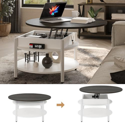 FABATO 26.77” Round Lift Top Coffee Table with Storage, White | Farmhouse Coffee Table, 2 Tier Small Round Center Table, Center Table for Living Room, Circle Dining Table - color: Antique White