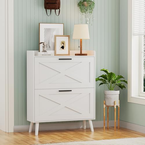 Homleke Farmhouse Shoe Storage Cabinet with Flip Drawers & Barn Door Design | Slim Narrow Shoe Rack Cabinet with Adjustable Shelves & Hidden Storage for Entryway, Foyer, Hallway, Living Room, White - color: White