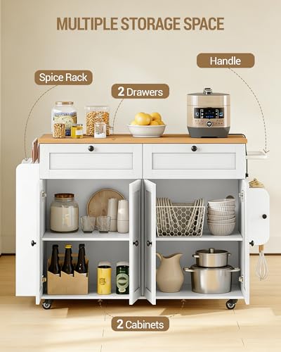 Hzuaneri Kitchen Island with Power Outlet & Drop Leaf, 53.1" Rolling | Kitchen Island Cart on Wheels, Portable Mobile Island Table with Spice Rack Towel Rack, Knife Holder Drawers, White KT00103W
