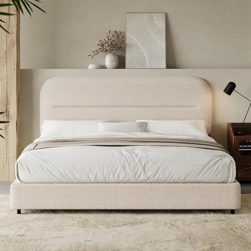HOMBCK Full Size Boucle Bed Frame, Upholstered Cloud Bed with Headboard, Soft Bed Frames, Modern Style/Thickened Footboard/Rounded Corners Design/No Box Spring Required/Easy Assembly, Beige - color: Beige, size: Full